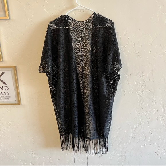 Black Lace Sheer Lace Fringe Trim Open Front Kimono Small - Picture 7 of 7